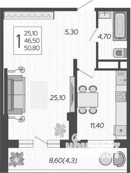1-к квартира, вторичка, 51м2, 13/16 этаж