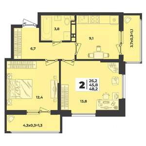 2-к квартира, строящийся дом, 48м2, 3/9 этаж