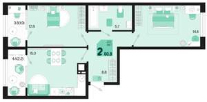 2-к квартира, вторичка, 61м2, 16/18 этаж