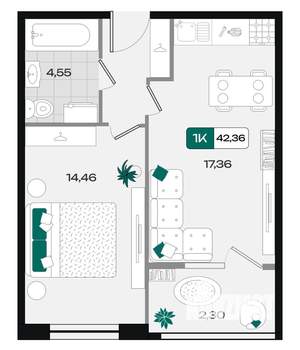 1-к квартира, вторичка, 42м2, 2/18 этаж