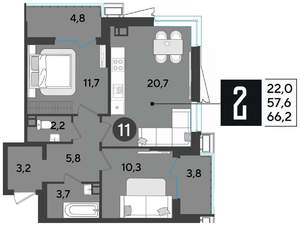 2-к квартира, строящийся дом, 67м2, 11/18 этаж