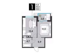 1-к квартира, строящийся дом, 39м2, 3/18 этаж