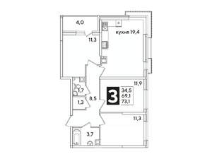 3-к квартира, вторичка, 73м2, 8/16 этаж