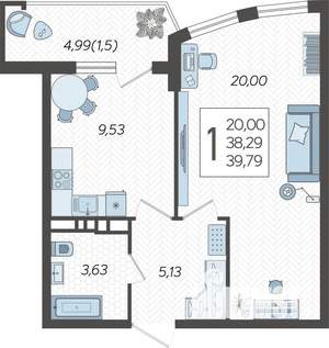 1-к квартира, строящийся дом, 40м2, 20/21 этаж