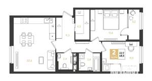 2-к квартира, строящийся дом, 69м2, 4/9 этаж