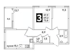 3-к квартира, вторичка, 74м2, 2/16 этаж