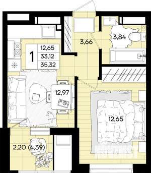 1-к квартира, вторичка, 35м2, 3/18 этаж