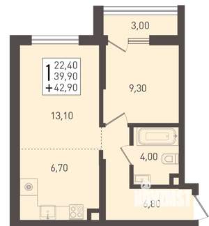 1-к квартира, строящийся дом, 43м2, 1/8 этаж