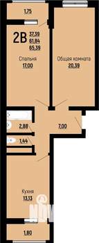 2-к квартира, строящийся дом, 65м2, 7/22 этаж