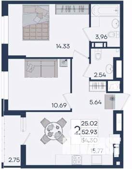 2-к квартира, вторичка, 54м2, 9/18 этаж