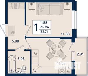 1-к квартира, вторичка, 34м2, 2/18 этаж