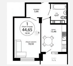 1-к квартира, вторичка, 45м2, 6/16 этаж