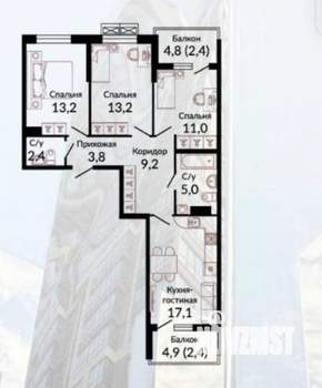 3-к квартира, вторичка, 82м2, 5/19 этаж