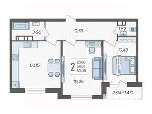 2-к квартира, вторичка, 60м2, 11/19 этаж