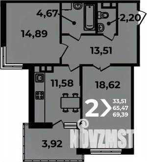 2-к квартира, вторичка, 69м2, 15/19 этаж