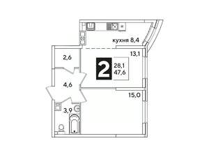 2-к квартира, вторичка, 48м2, 9/16 этаж