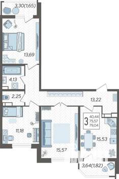 3-к квартира, строящийся дом, 81м2, 16/23 этаж