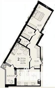 2-к квартира, вторичка, 66м2, 9/17 этаж