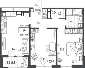 2-к квартира, вторичка, 58м2, 3/24 этаж