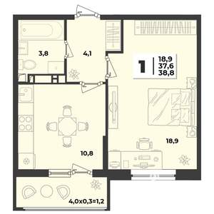 1-к квартира, строящийся дом, 39м2, 9/9 этаж