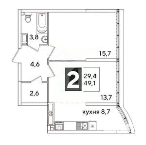 2-к квартира, вторичка, 49м2, 16/16 этаж