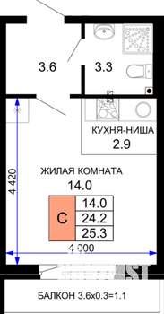 Студия квартира, вторичка, 24м2, 10/16 этаж