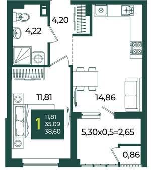 1-к квартира, вторичка, 39м2, 5/18 этаж