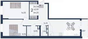 2-к квартира, вторичка, 64м2, 3/18 этаж
