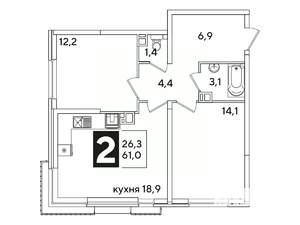 2-к квартира, вторичка, 61м2, 5/16 этаж