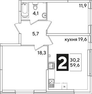 2-к квартира, строящийся дом, 60м2, 2/16 этаж