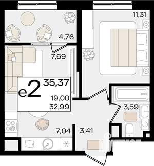 2-к квартира, строящийся дом, 33м2, 2/18 этаж