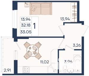 1-к квартира, вторичка, 33м2, 2/18 этаж