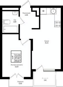 1-к квартира, вторичка, 40м2, 8/10 этаж