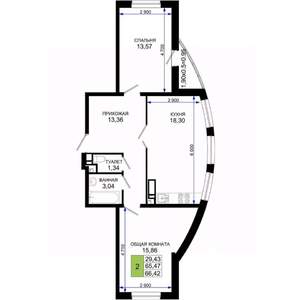 2-к квартира, вторичка, 66м2, 6/19 этаж