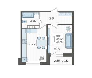 1-к квартира, вторичка, 36м2, 10/12 этаж