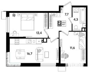 2-к квартира, строящийся дом, 54м2, 9/16 этаж