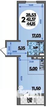 2-к квартира, строящийся дом, 44м2, 2/8 этаж