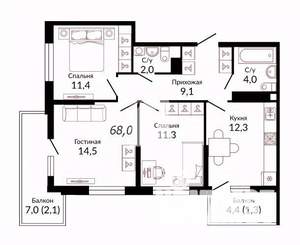 3-к квартира, вторичка, 68м2, 9/22 этаж