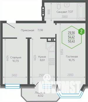 2-к квартира, вторичка, 55м2, 19/19 этаж