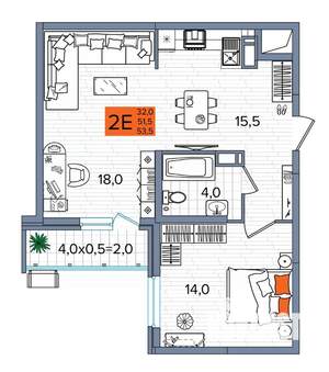 2-к квартира, сданный дом, 54м2, 2/16 этаж