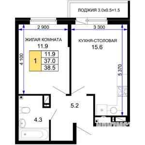 1-к квартира, строящийся дом, 39м2, 16/16 этаж