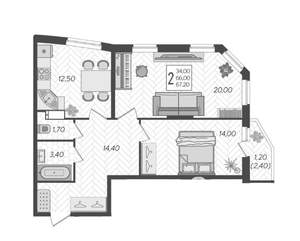2-к квартира, вторичка, 67м2, 2/16 этаж
