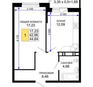 1-к квартира, вторичка, 45м2, 6/19 этаж