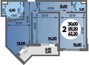 2-к квартира, вторичка, 62м2, 21/22 этаж