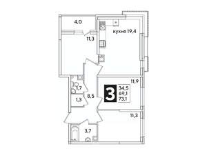 3-к квартира, вторичка, 73м2, 6/16 этаж