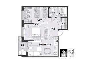 2-к квартира, вторичка, 71м2, 2/9 этаж