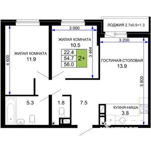 2-к квартира, вторичка, 56м2, 5/16 этаж
