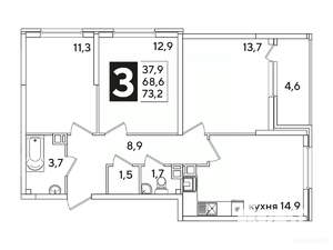 3-к квартира, вторичка, 73м2, 6/16 этаж