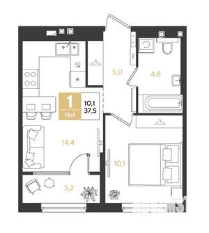 1-к квартира, строящийся дом, 38м2, 2/18 этаж