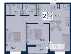 2-к квартира, вторичка, 64м2, 6/18 этаж